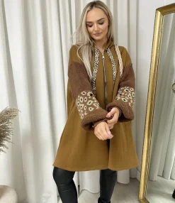 Camel Angelina Leopard Print Knitted Sleeve Hoodie<IKRUSH Fashion