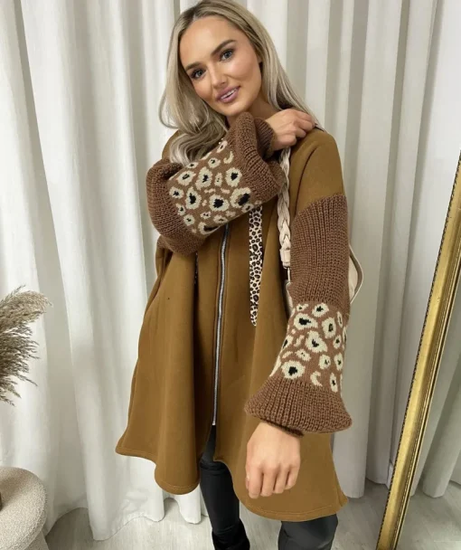Camel Angelina Leopard Print Knitted Sleeve Hoodie<IKRUSH Fashion