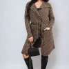 Camel Ava Check Print Full Sleeve Notched Lapel Collar Neck Belted Coat<IKRUSH Sale