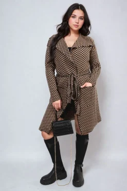 Camel Ava Check Print Full Sleeve Notched Lapel Collar Neck Belted Coat<IKRUSH Sale