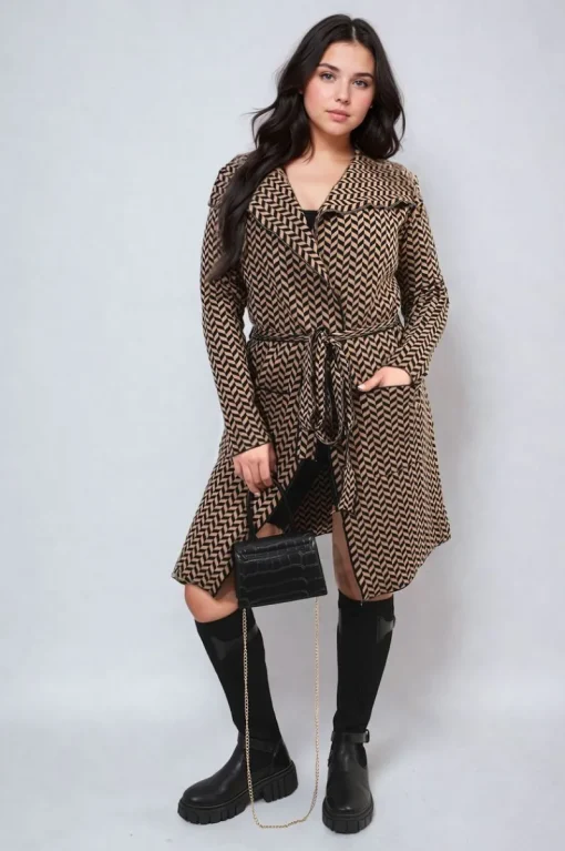 Camel Ava Check Print Full Sleeve Notched Lapel Collar Neck Belted Coat<IKRUSH Sale