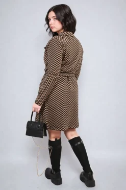 Camel Ava Check Print Full Sleeve Notched Lapel Collar Neck Belted Coat<IKRUSH Sale