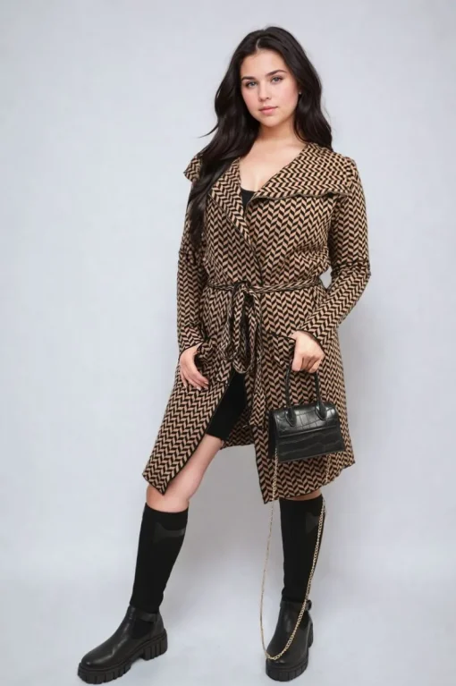 Camel Ava Check Print Full Sleeve Notched Lapel Collar Neck Belted Coat<IKRUSH Sale