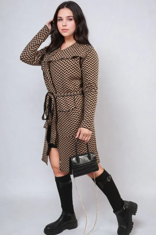 Camel Ava Check Print Full Sleeve Notched Lapel Collar Neck Belted Coat<IKRUSH Sale