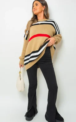 Camel Ava Oversized Striped Long Sleeve Knitted Jumper<IKRUSH Best
