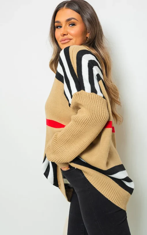 Camel Ava Oversized Striped Long Sleeve Knitted Jumper<IKRUSH Best