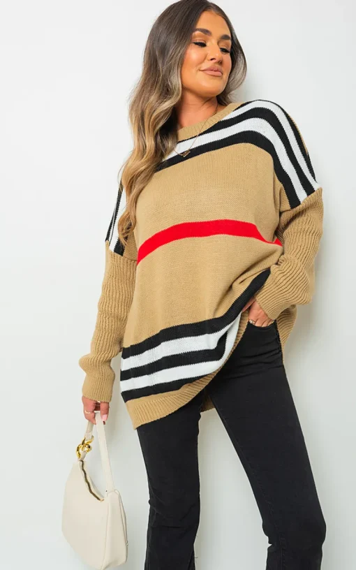 Camel Ava Oversized Striped Long Sleeve Knitted Jumper<IKRUSH Best