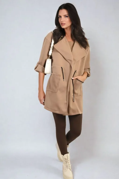 Camel Camryn Roll Tab Sleeve Drawstring Waist Open Front Trench Coat Jacket<IKRUSH Fashion