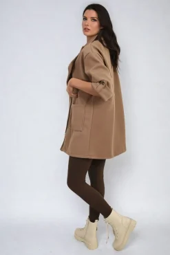 Camel Camryn Roll Tab Sleeve Drawstring Waist Open Front Trench Coat Jacket<IKRUSH Fashion