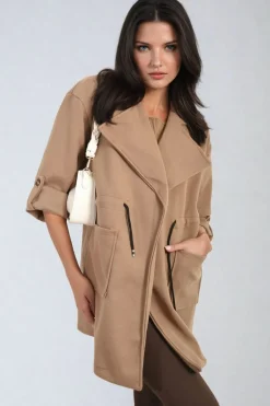 Camel Camryn Roll Tab Sleeve Drawstring Waist Open Front Trench Coat Jacket<IKRUSH Fashion