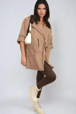 Camel Camryn Roll Tab Sleeve Drawstring Waist Open Front Trench Coat Jacket<IKRUSH Fashion