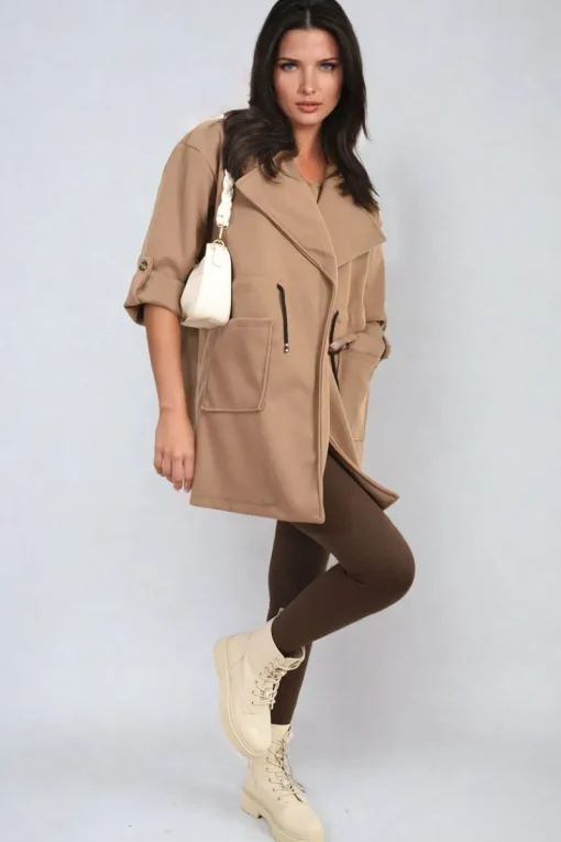 Camel Camryn Roll Tab Sleeve Drawstring Waist Open Front Trench Coat Jacket<IKRUSH Fashion