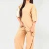 Camel Daniela Ribbed Oversized Top and Drawstring Wide Leg Trouser Co-ord Set<IKRUSH Best