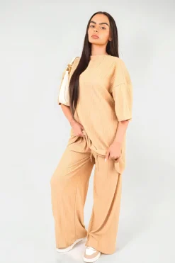 Camel Daniela Ribbed Oversized Top and Drawstring Wide Leg Trouser Co-ord Set<IKRUSH Best