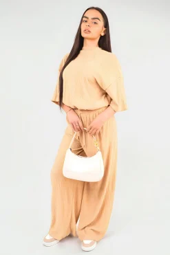 Camel Daniela Ribbed Oversized Top and Drawstring Wide Leg Trouser Co-ord Set<IKRUSH Best