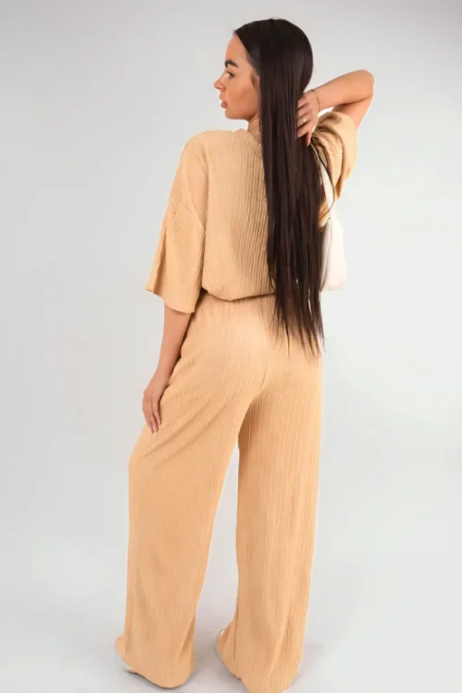 Camel Daniela Ribbed Oversized Top and Drawstring Wide Leg Trouser Co-ord Set<IKRUSH Best