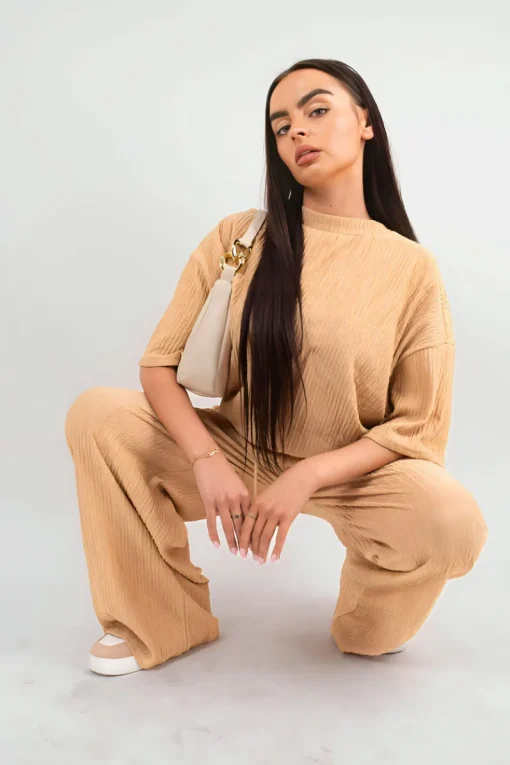 Camel Daniela Ribbed Oversized Top and Drawstring Wide Leg Trouser Co-ord Set<IKRUSH Best