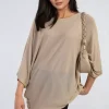 Camel Karina Round Neck Studded Oversized Top<IKRUSH Clearance