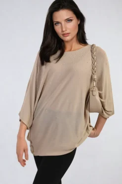 Camel Karina Round Neck Studded Oversized Top<IKRUSH Clearance