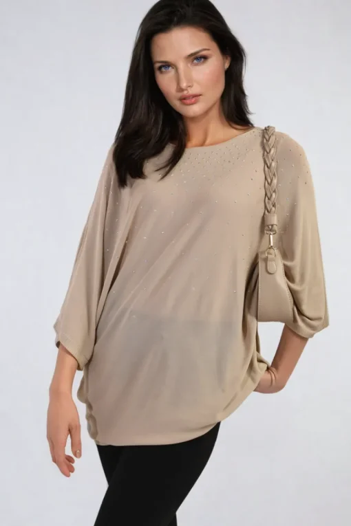 Camel Karina Round Neck Studded Oversized Top<IKRUSH Clearance