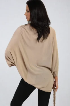 Camel Karina Round Neck Studded Oversized Top<IKRUSH Clearance
