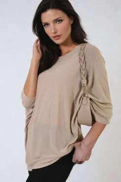Camel Karina Round Neck Studded Oversized Top<IKRUSH Clearance