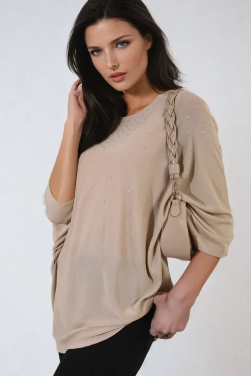 Camel Karina Round Neck Studded Oversized Top<IKRUSH Clearance