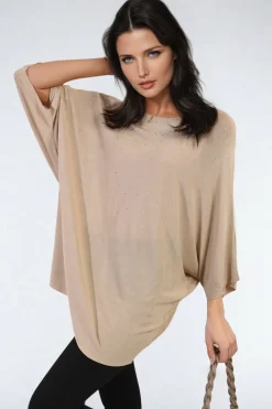 Camel Karina Round Neck Studded Oversized Top<IKRUSH Clearance