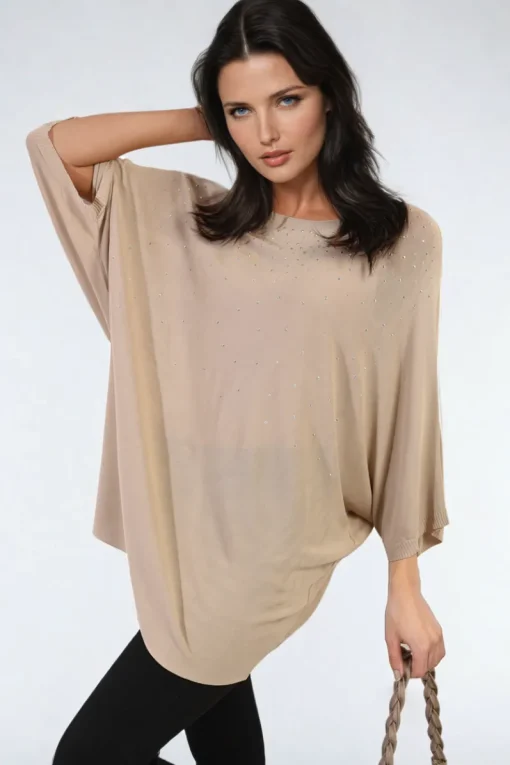 Camel Karina Round Neck Studded Oversized Top<IKRUSH Clearance