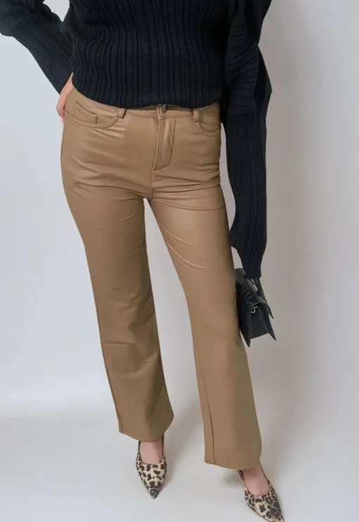Camel Lucia High Waisted Faux Leather Trouser<IKRUSH Fashion