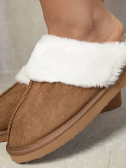 Chestnut Josie Fuzzy Faux Fur Lined Slip-On Slippers<IKRUSH New