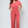 Coral Alessandra Belted V Neck Jumpsuit with Side Pockets<IKRUSH Best