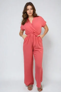 Coral Alessandra Belted V Neck Jumpsuit with Side Pockets<IKRUSH Best