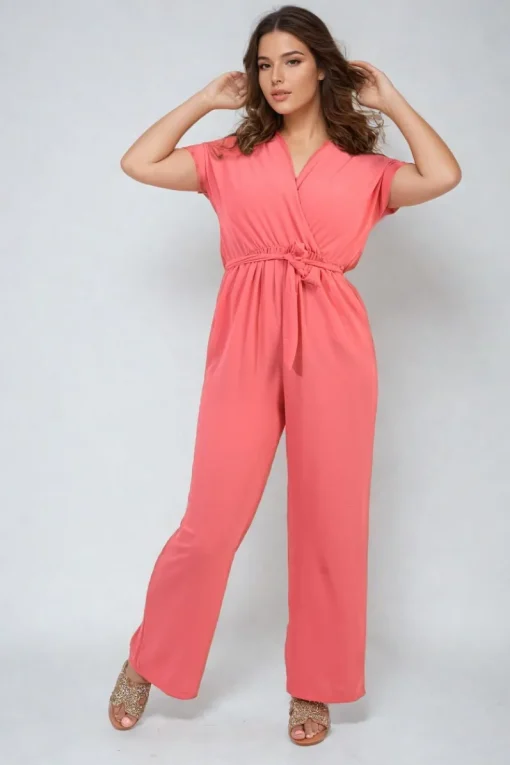 Coral Alessandra Belted V Neck Jumpsuit with Side Pockets<IKRUSH Best