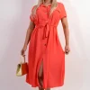 Coral Annie Collared Button Down Short Sleeve Tie Waist Midi Dress<IKRUSH Hot