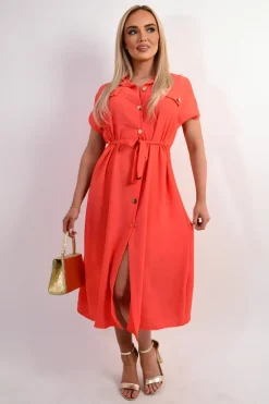 Coral Annie Collared Button Down Short Sleeve Tie Waist Midi Dress<IKRUSH Hot