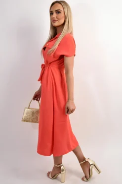 Coral Annie Collared Button Down Short Sleeve Tie Waist Midi Dress<IKRUSH Hot