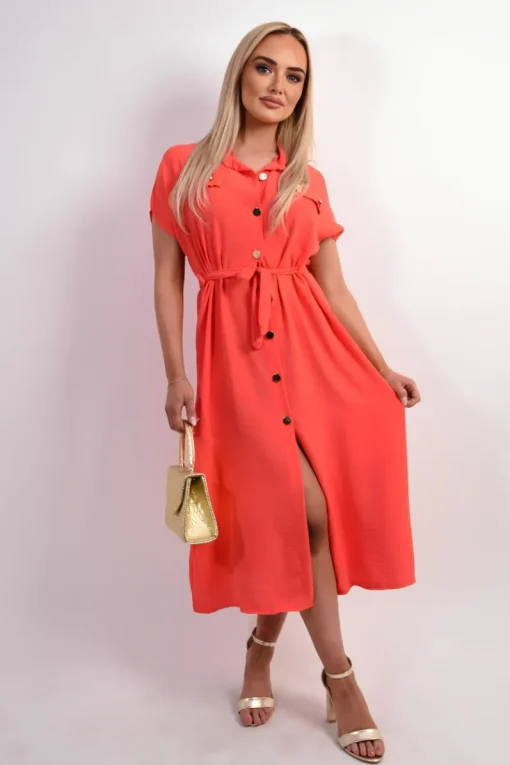 Coral Annie Collared Button Down Short Sleeve Tie Waist Midi Dress<IKRUSH Hot