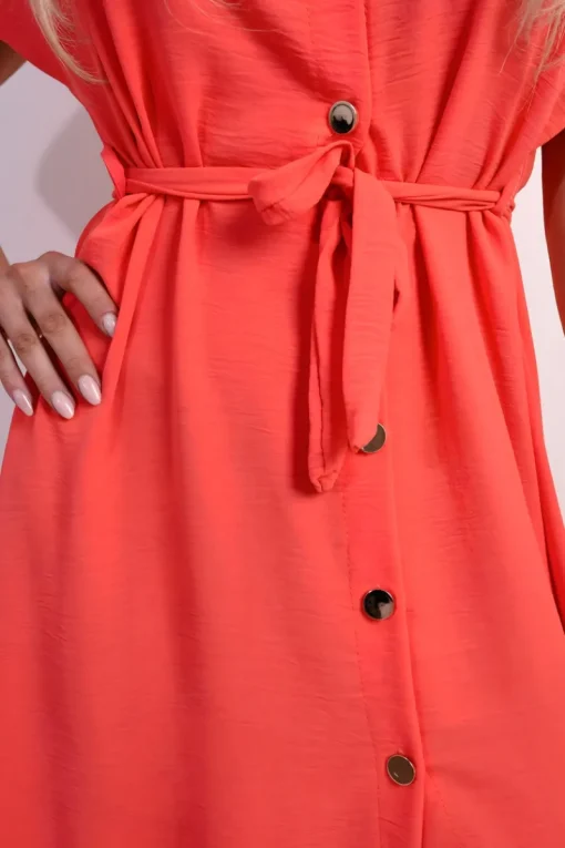 Coral Annie Collared Button Down Short Sleeve Tie Waist Midi Dress<IKRUSH Hot