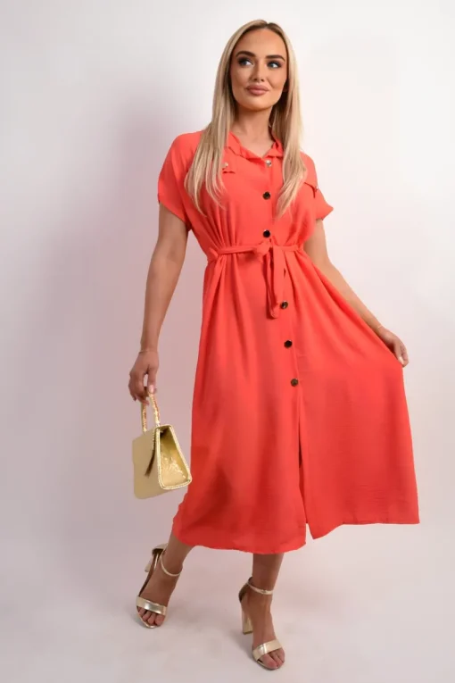 Coral Annie Collared Button Down Short Sleeve Tie Waist Midi Dress<IKRUSH Hot
