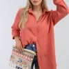 Coral Clemmie Button Down Long Sleeve Oversized Shirt<IKRUSH Outlet