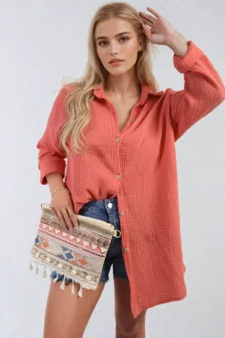 Coral Clemmie Button Down Long Sleeve Oversized Shirt<IKRUSH Outlet