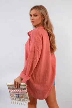 Coral Clemmie Button Down Long Sleeve Oversized Shirt<IKRUSH Outlet