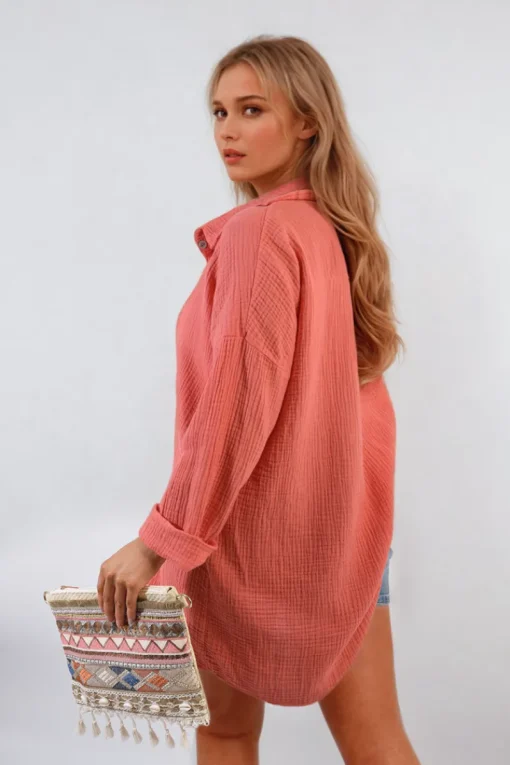 Coral Clemmie Button Down Long Sleeve Oversized Shirt<IKRUSH Outlet