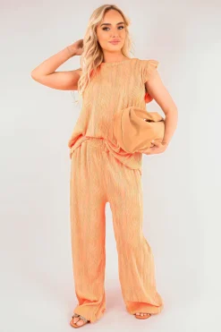 Coral Corah Textured Frill Sleeve Top & Wide Leg Trouser Co-ord Set<IKRUSH Outlet