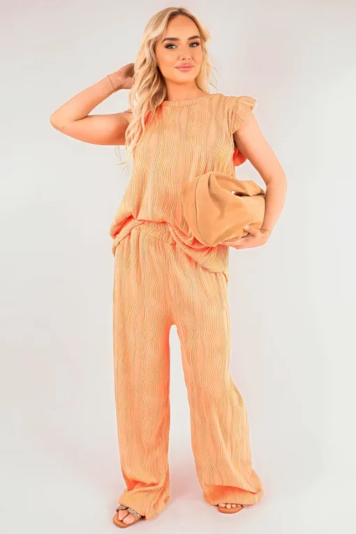 Coral Corah Textured Frill Sleeve Top & Wide Leg Trouser Co-ord Set<IKRUSH Outlet