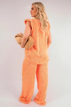Coral Corah Textured Frill Sleeve Top & Wide Leg Trouser Co-ord Set<IKRUSH Outlet