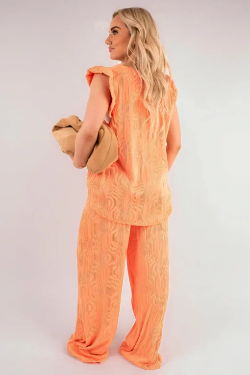 Coral Corah Textured Frill Sleeve Top & Wide Leg Trouser Co-ord Set<IKRUSH Outlet