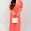 Coral Elsie Smocked Waist V Neck Short Sleeve Flowy Maxi Dress<IKRUSH Sale