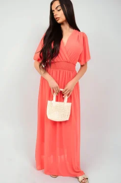 Coral Elsie Smocked Waist V Neck Short Sleeve Flowy Maxi Dress<IKRUSH Sale
